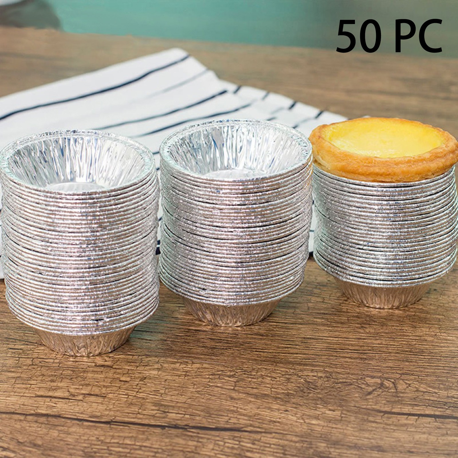 Egg Tart Tin Paper Cup 50Pc, 50 Pack Disposable Egg Fadeless Tin, A_Silver 50 Egg Tart Tin Cups, By Relocy